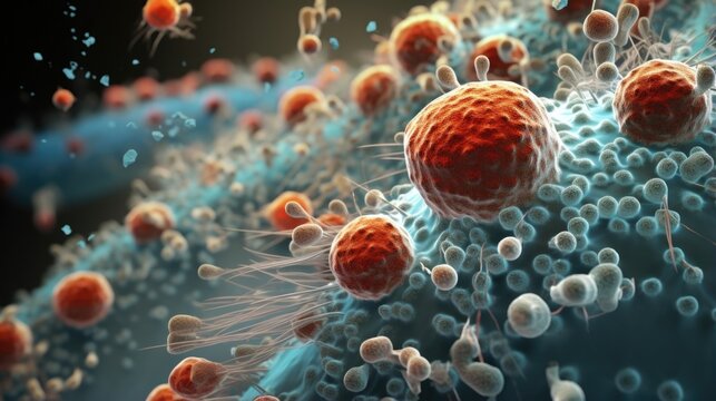 Highresolution image showcasing the intracellular invasion of Mycoplasma into healthy human lung tissue cells. This opportunistic bacterium evades immune responses, causing respiratory Mod3f