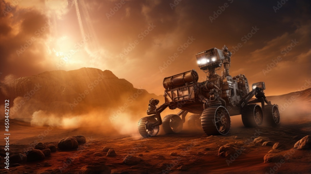 Wall mural a realistic depiction of a rover navigating the treacherous terrain of mars, with dust particles sus