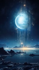 A surreal image of an alien moon, dotted with colossal, floating landmasses. An ethereal glow emanates from beneath the seemingly weightless structures, hinting at an unknown power Mod3f - obrazy, fototapety, plakaty