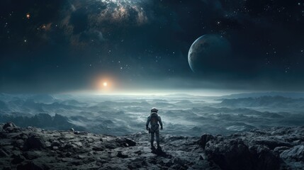 A surreal sight unfolds as an astronaut silently floats above a desolate lunar landscape, the Earth peeking through the darkness, reminding them of the distant world they left behind. Mod3f