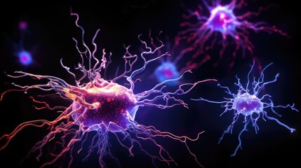 Obraz premium Highresolution image capturing the vibrant fluorescence of activated microglia in response to neuronal damage. The dynamic and amoeboidlike appearance of these specialized immune Mod3f