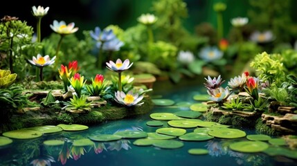 A closeup view of a miniature wetland reveals a picturesque scene of tranquility. The droplets of water delicately hanging from the leaves of water lilies create pristine patterns. Mod3f