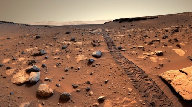 A captivating view of the Mars rovers tire tracks snaking along the barren Martian plains, showcasing its tireless efforts in seeking signs of life and unlocking mysteries of the Mod3f