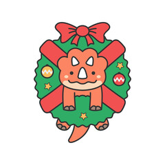 Cute triceratops christmas tree character. Vector illustration in cartoon style.