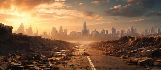 Background image of desert city wasteland with abandoned buildings cracked road and sign in a post apocalyptic setting - obrazy, fototapety, plakaty