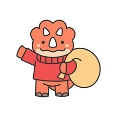 Cute triceratops in a red sweater and a hat. Vector illustration.