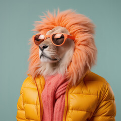 Fashion lion in fall winter jacket. Trendy bright orange color