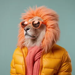 Fotobehang Fashion lion in fall winter jacket. Trendy bright orange color © lermont51