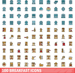 100 breakfast icons set. Color line set of breakfast vector icons thin line color flat on white