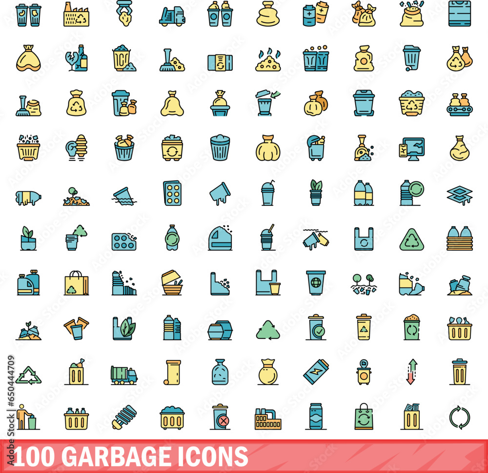 Wall mural 100 garbage icons set. color line set of garbage vector icons thin line color flat on white - Wall murals