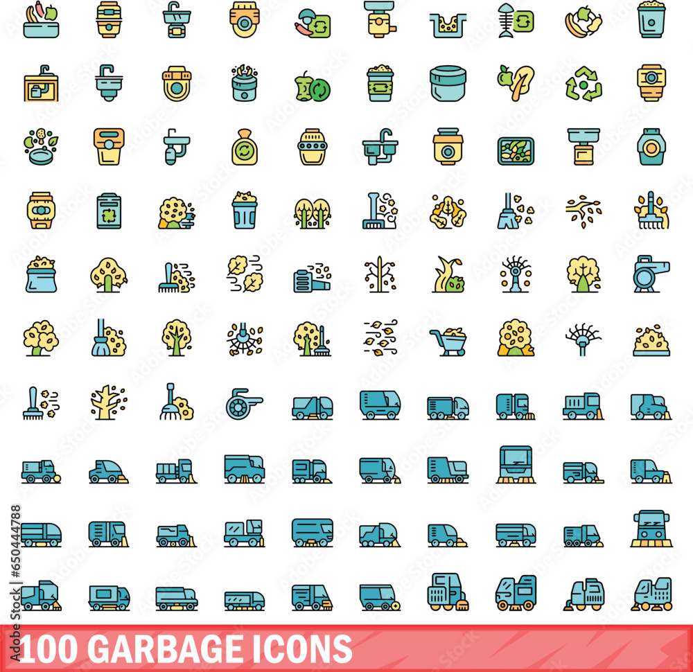 Poster 100 garbage icons set. color line set of garbage vector icons thin line color flat on white