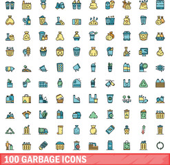 100 garbage icons set. Color line set of garbage vector icons thin line color flat on white