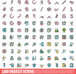 100 insect icons set. Color line set of insect vector icons thin line color flat on white
