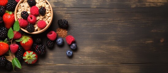 Fototapeta premium Organic granola breakfast with berries and honey in vintage mug on grunge background space for text