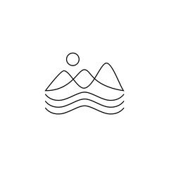 mountain and sun waves logo design with line art style