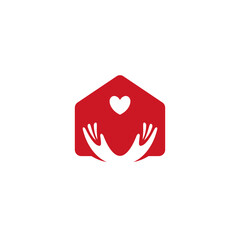 Charity house logo design with house symbol and love care hands