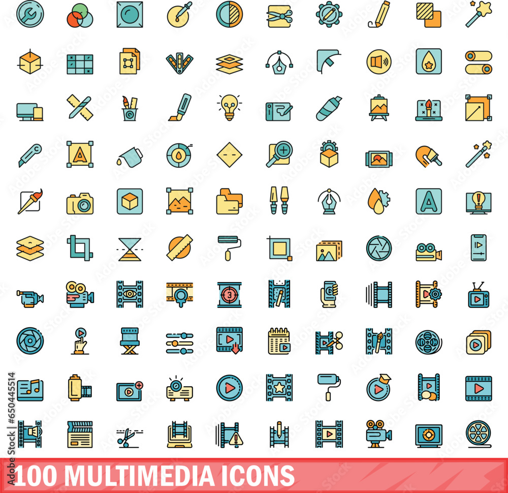 Wall mural 100 multimedia icons set. color line set of multimedia vector icons thin line color flat on white - Wall murals