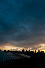 Warsaw skyline view from university library at sunset, downtown discrict