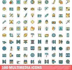 100 multimedia icons set. Color line set of multimedia vector icons thin line color flat on white