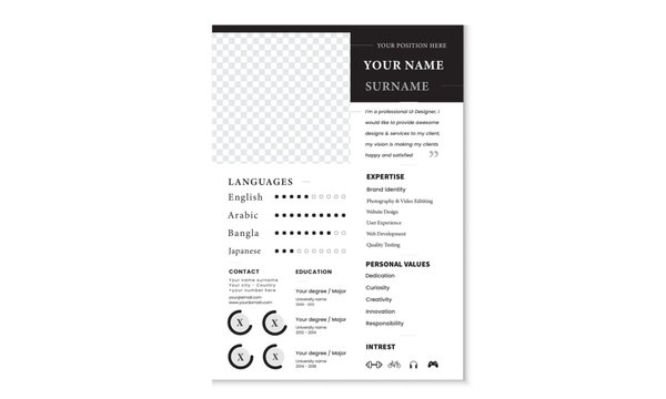 A professional black-and-white resume template is available for creating a CV and letterhead for job applications in a business layout.