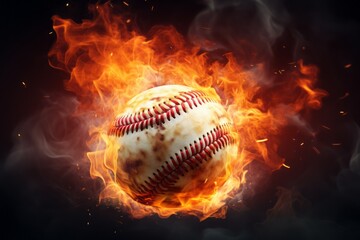 Baseball ball in flames of fire. The concept of a hot game and principled rivalry. Background with...
