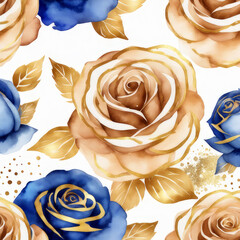Watercolor blue and gold color rose illustration pattern design. Generative AI