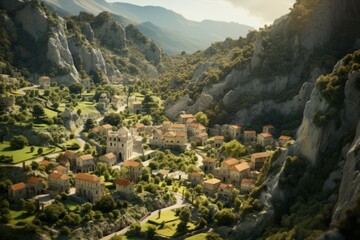 Fototapeta na wymiar Miniature Village: Hyper-Realistic 8K Tilt-Shift Mountainscape 