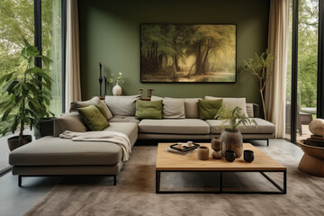 Immerse in the captivating serenity of a cozy living room, harmoniously blending contemporary design, elegant furniture, and warm olive colors for a tranquil and inviting ambiance.