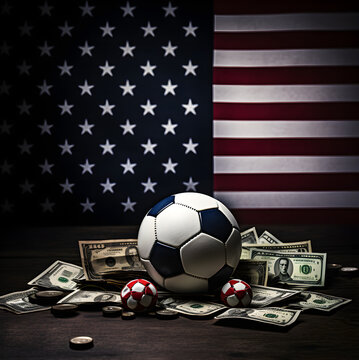an american flag, nike soccer ball, and money. Dark image with black background