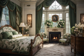 Step into a Serene Oasis of Timeless Elegance: Vintage-inspired Bedroom Interior with Cozy Ambiance, Classic Charm, and Vintage Elements.