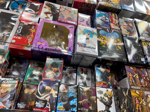 Lynnwood, WA USA - circa July 2023: Low angle, wide view of anime figurines for sale inside a toy store in the Alderwood Mall.