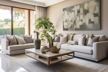 A harmonious and elegant living room oasis in neutral tones, featuring cozy furniture, modern decor, and soft textures, creating a serene and inviting ambiance with stylish accent chairs, plants