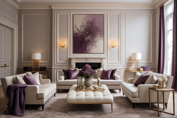 Creating a harmonious and inviting ambiance, this spacious and luxurious cream and purple living...