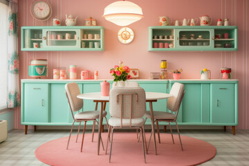 Step back in time to a charming 1950s-inspired dining room, exuding nostalgic charm with retro details, vintage accessories, and cozy pastel hues, creating a vibrant ambiance and retro vibes.