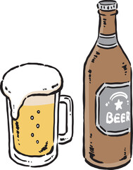 泡が立ったビール（ジョッキ）と瓶ビール　手描きイラスト