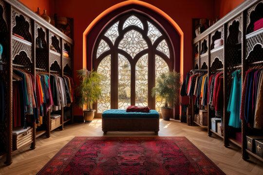 Step into a Luxurious Moroccan Boho Walk-in Closet, adorned with Intricate Patterns, Vibrant Colors, Opulent Decor, and Organizational Shelves, showcasing a plethora of Accessories, Clothing