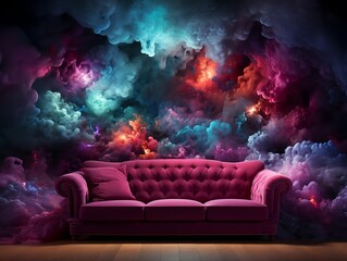Living room with space and nebula wall in the style of light turquoise and dark magenta generative ai