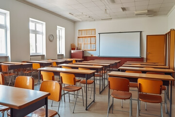 Shot of empty modern classroom ready for students to learn in it, back to school concept