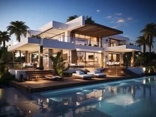 Fototapeta premium 3D modern villa with a swimming pool and lounge area generative ai