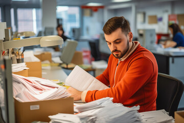 Male worker in post office sorting letters and packages and getting them ready to be ship