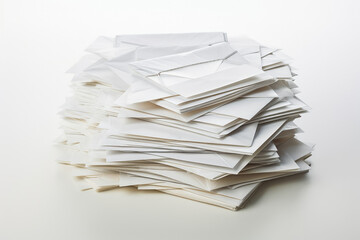 Large pile of unopened letters waiting to be send, on a white background