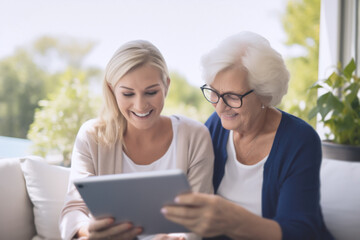 an adult granddaughter and grandmother are sharing time together viewing family memories on a tablet, reinforcing family ties and showing the importance of intergenerational relationships. 