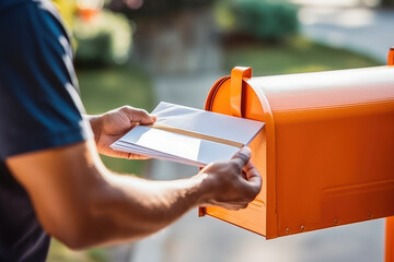 Post man delivering letters into the mail on a sunny day, delivery service