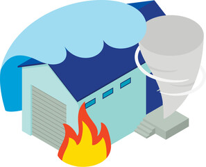 Property insurance icon isometric vector. Big wave, hurricane and fire near house. Disaster insurance