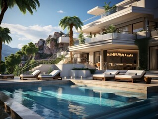 3D modern villa with a swimming pool and lounge area generative ai