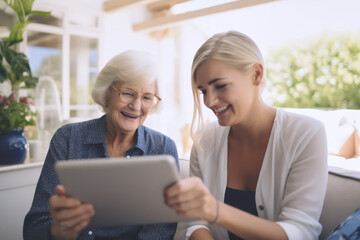 an adult daughter teaches her elderly mother how to use the tablet between laughter and learning, sharing some funny moments between them. technology in the aging concept. - obrazy, fototapety, plakaty