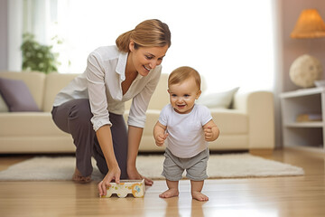 Young mother smiling while assisting her baby boy with taking first steps, big milestone for a child