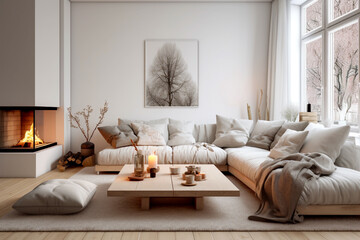 Bright cosy living room design living room interior with white walls large window and log burning fire wood base corner sofa and low level solid wood coffee table on a deep pile neutral rug