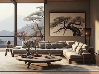 Modern living room with neutral furniture generative ai