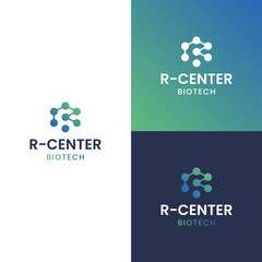 The image of the molecule forms a centered letter R. Modern and unique, very suitable for use as a bio tech logo.